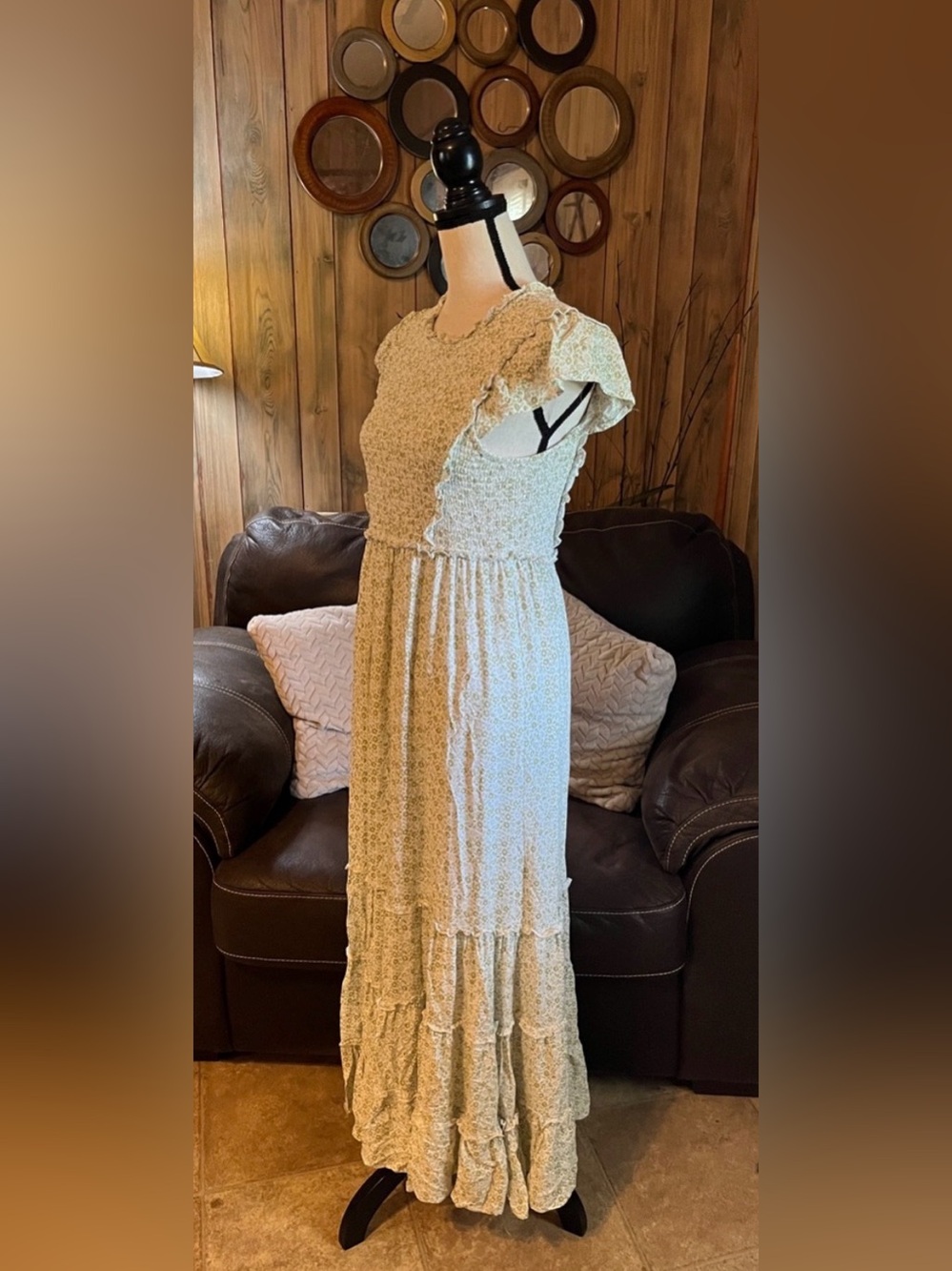 In Bloom Light Sage Floral Smocked Lined Maxi Dress Cottagecore Prairie Ditsy - Picture 4 of 10